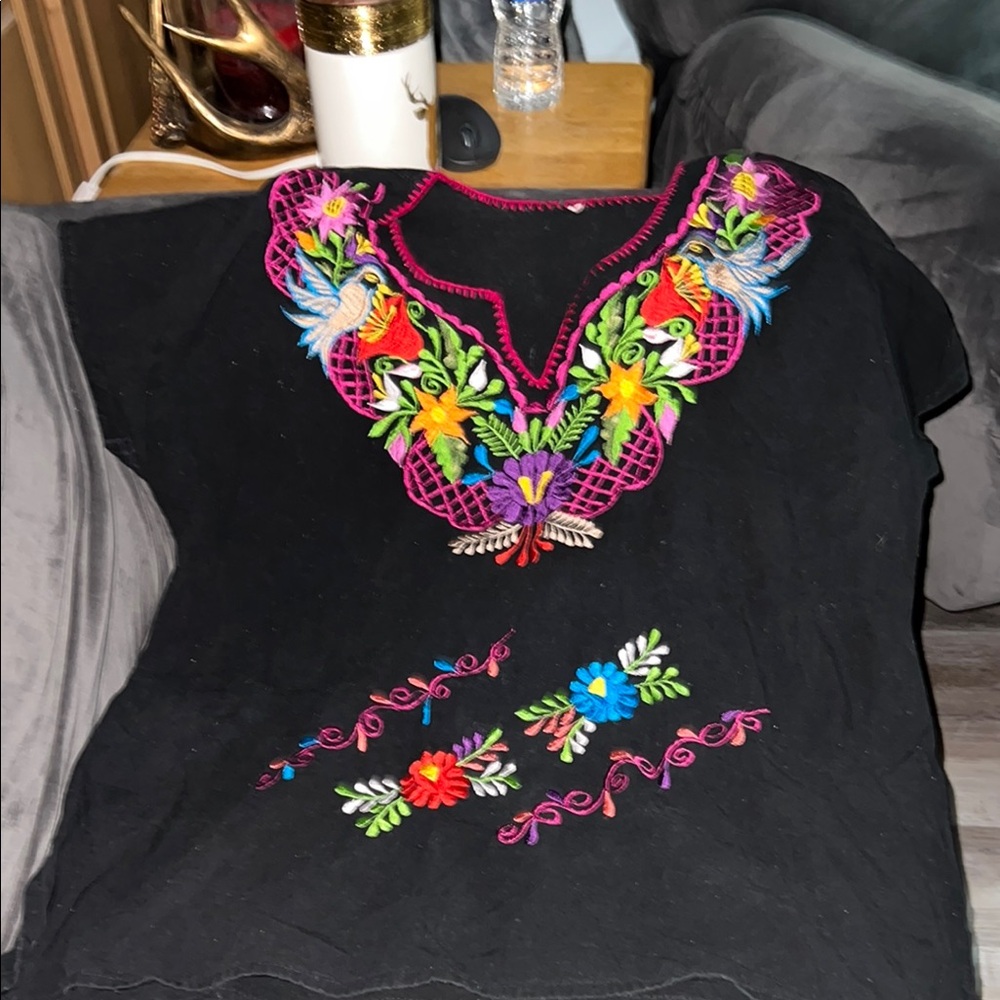 Embroidered Black Top with Multicolor Floral Design